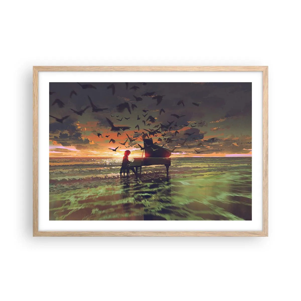Póster en marco roble claro - Concierto de piano y olas - 70x50 cm