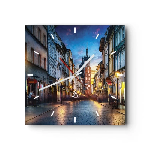 Reloj de pared - Reloj de vidrio - Calle al atardecer con vistas a la Catedral de Cracovia - 30x30cm - El encanto de Cracovia - Decoración de pared moderna para salón y dormitorio ARTTOR