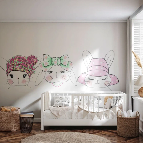 Fotomural Premium Sand - Delicadas ilustraciones de conejitos con tocados ornamentados - 100x70cm - Reflexión, tristeza, alegría - Decoración de pared moderna para salón y dormitorio ARTTOR