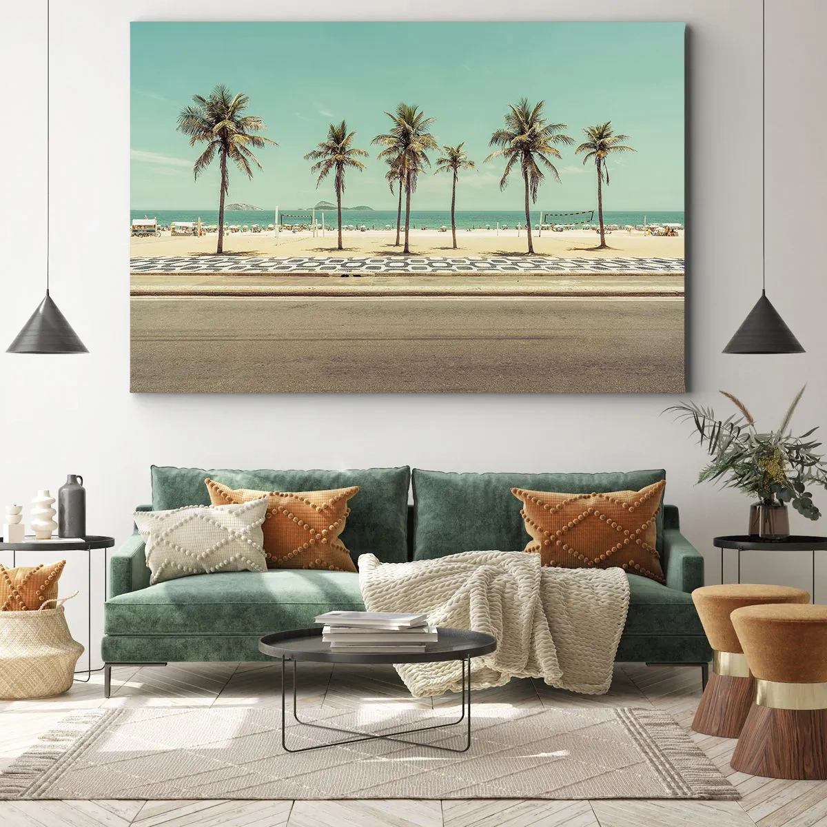 Cuadro sobre lienzo - Impresión de Imagen - Palmeras en la playa con vistas al mar y al cielo azul. - 120x80cm - En la playa - Decoración de pared moderna para salón y dormitorio ARTTOR
