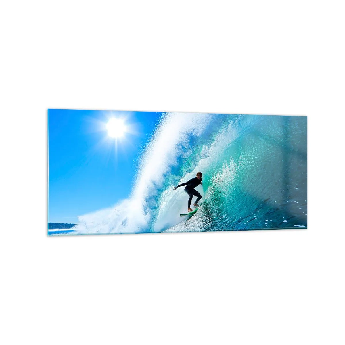 Cuadro sobre vidrio - Impresiones sobre Vidrio - Un surfista en una tabla se desliza dentro de una poderosa ola bajo un cielo azul. - 120x50cm - A través de la gran ola - Decoración de pared moderna para salón y dormitorio ARTTOR