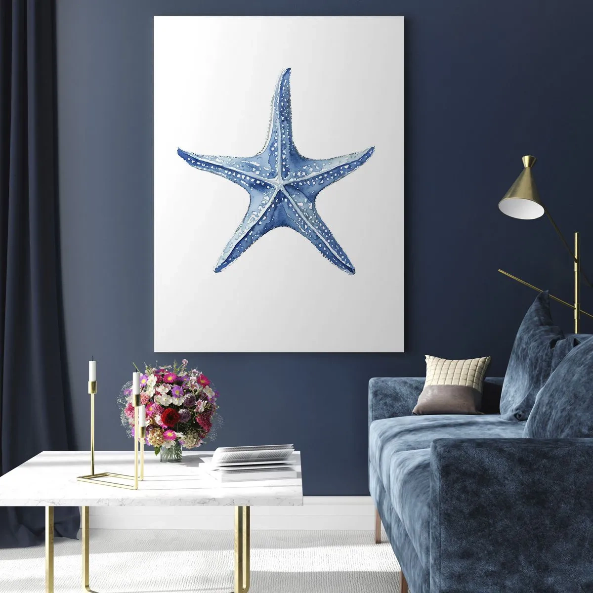 Cuadro sobre vidrio - Impresiones sobre Vidrio - Estrella de mar azul sobre fondo blanco en estilo minimalista. - 70x100cm - Estrella de mar - Decoración de pared moderna para salón y dormitorio ARTTOR