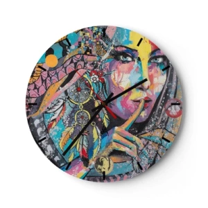 Reloj de pared - Reloj de vidrio - Cara colorida con plumas y un patrón geométrico. - 30x30cm - Silencio hasta que entiendas - Decoración de pared moderna para salón, cocina y dormitorio ARTTOR