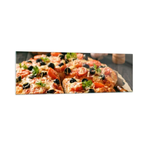 Cuadro sobre vidrio - Impresiones sobre Vidrio - Pizza con tomates, aceitunas y hierbas frescas en la mesa. - 160x50cm - Delicioso aroma - Decoración de pared moderna para salón y dormitorio ARTTOR