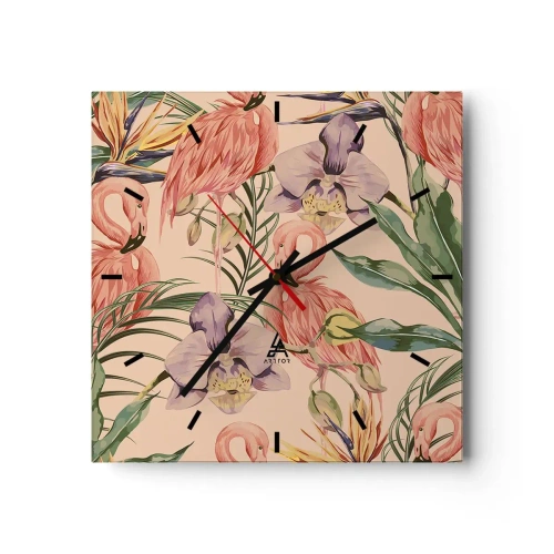 Reloj de pared - Reloj de vidrio - Flamencos y flores tropicales sobre un fondo claro. - 30x30cm - Un ballet rosa en flores - Decoración de pared moderna para salón y dormitorio ARTTOR