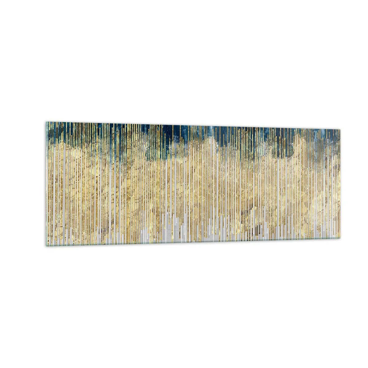 Cuadro sobre vidrio - Impresiones sobre Vidrio - Líneas doradas sobre un fondo de abstracción azul marino y gris. - 140x50cm - Frontera de líneas doradas - Decoración de pared moderna para salón y dormitorio ARTTOR