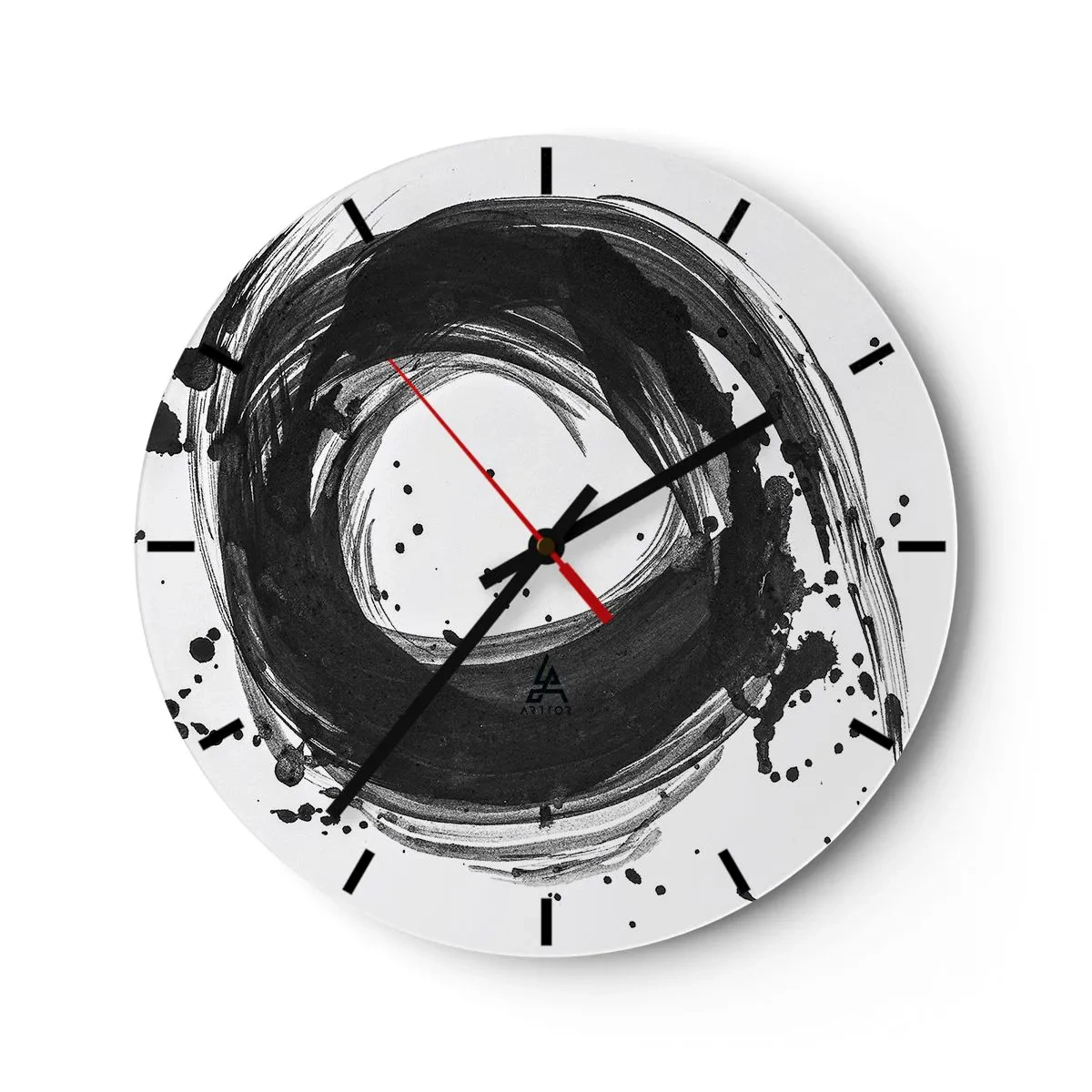 Reloj de pared - Reloj de vidrio - Círculo abstracto hecho de pinceladas negras - 30x30cm - El torbellino de la creación - Decoración de pared moderna para salón, cocina y dormitorio ARTTOR