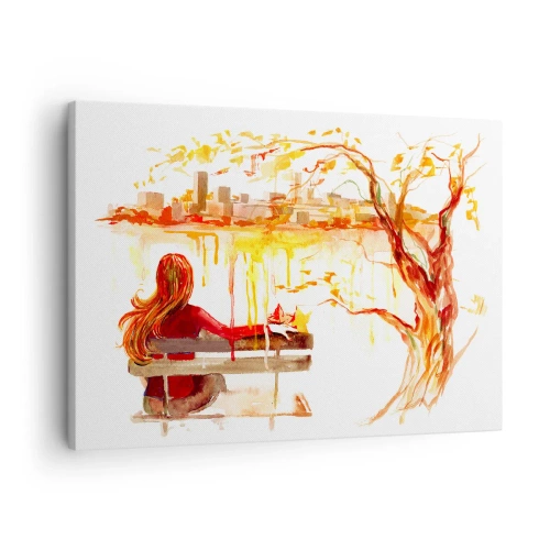Cuadro sobre lienzo - Impresión de Imagen - Escena de acuarela de una mujer en un banco con vistas a la ciudad. - 70x50cm - Un momento de reflexión - Decoración de pared moderna para salón y dormitorio ARTTOR
