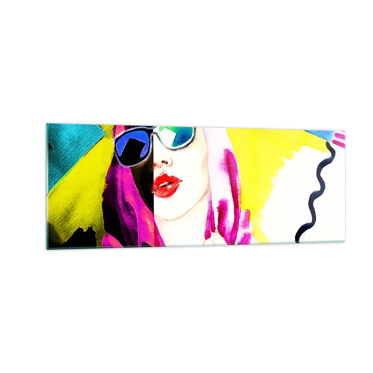 Cuadro sobre vidrio - Impresiones sobre Vidrio - Retrato colorido de una mujer con gafas de sol. - 140x50cm - Contrastes - Decoración de pared moderna para salón y dormitorio ARTTOR