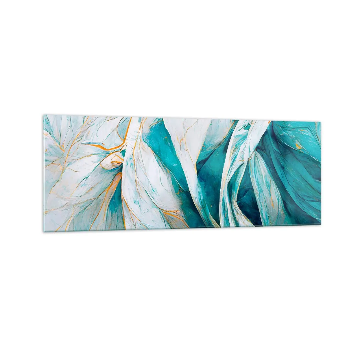 Cuadro sobre vidrio - Impresiones sobre Vidrio - Hojas azules abstractas con detalles dorados - 140x50cm - Abstracción azul con motivos dorados - Decoración de pared moderna para salón y dormitorio ARTTOR