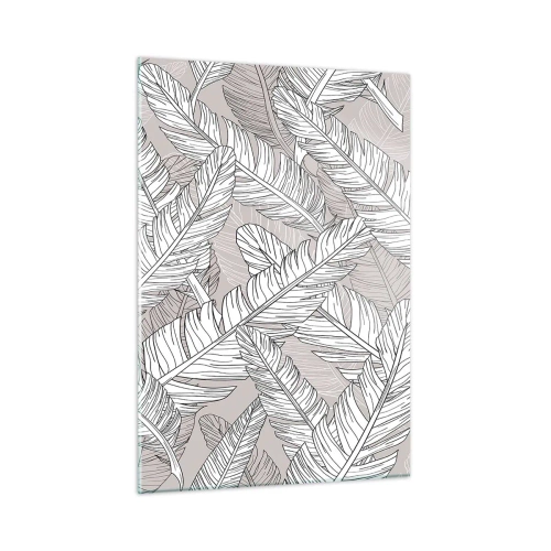 Cuadro sobre vidrio - Impresiones sobre Vidrio - Hojas en blanco y negro sobre un fondo beige en un estilo gráfico. - 50x70cm - Turbulencias de plumas - Decoración de pared moderna para salón y dormitorio ARTTOR