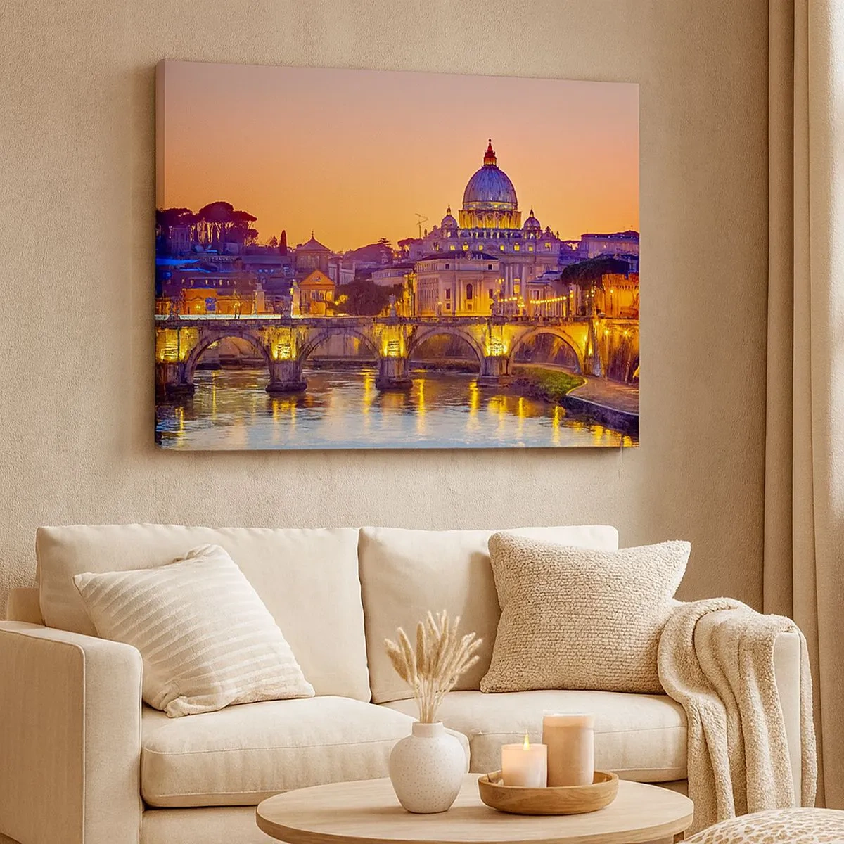 Cuadro sobre lienzo - Impresión de Imagen - Panorama del Vaticano al atardecer con un puente sobre el río - 70x50cm - Crepúsculo sobre la Ciudad Eterna - Decoración de pared moderna para salón y dormitorio ARTTOR