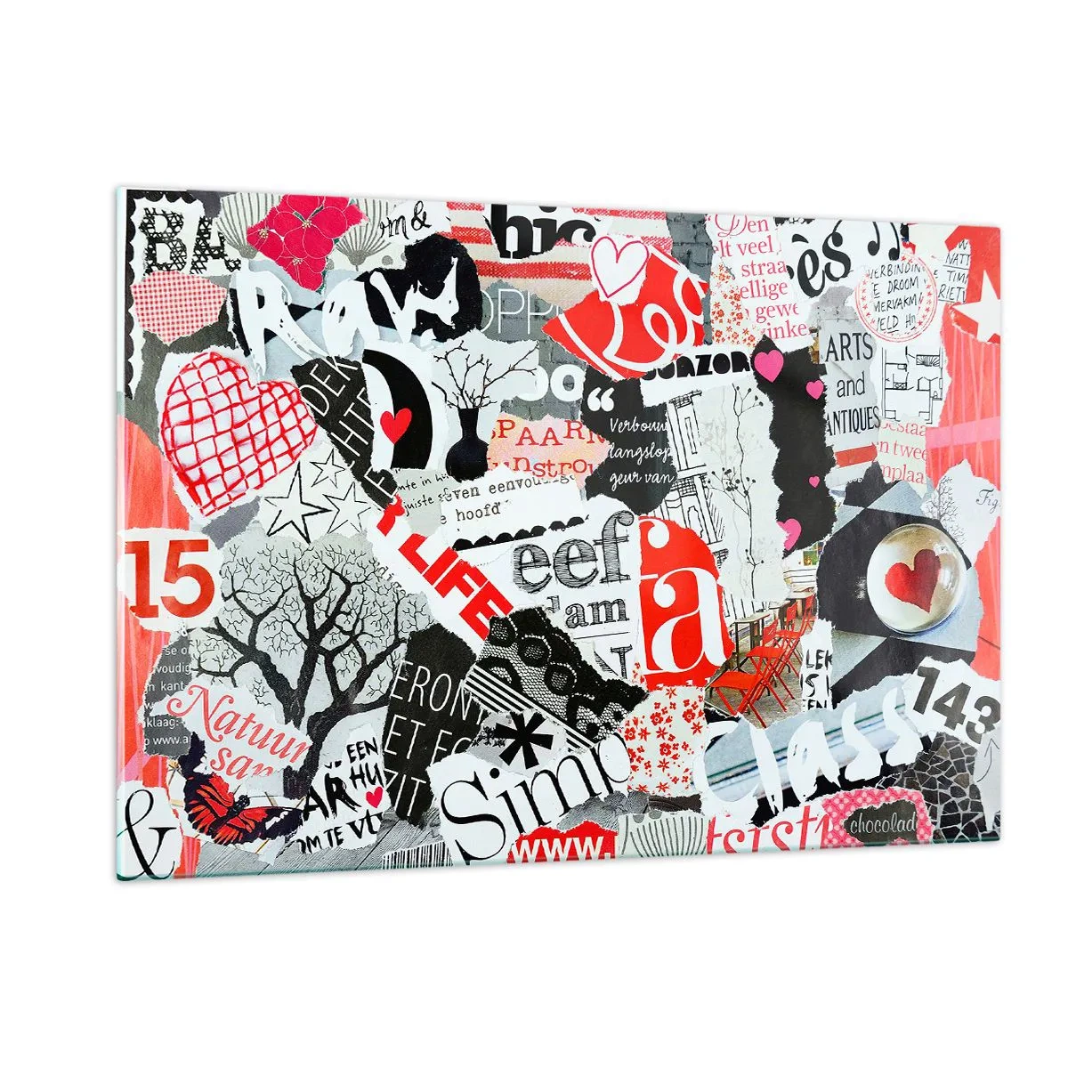 Cuadro sobre vidrio - Impresiones sobre Vidrio - Un collage de letras, corazones y árboles en un estilo artístico. - 120x80cm - Collage hipster - Decoración de pared moderna para salón y dormitorio ARTTOR