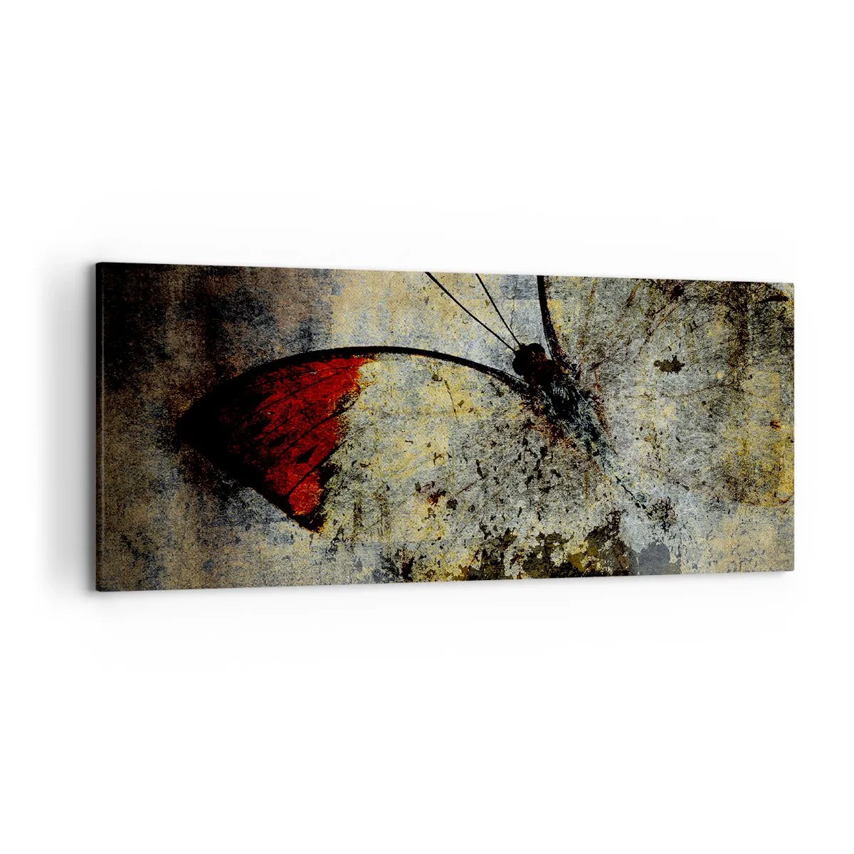 Cuadro sobre lienzo - Impresión de Imagen - Una mariposa en tonos rojos y grises sobre un fondo texturizado. - 120x50cm - Mira antes de que desaparezca - Decoración de pared moderna para salón y dormitorio ARTTOR