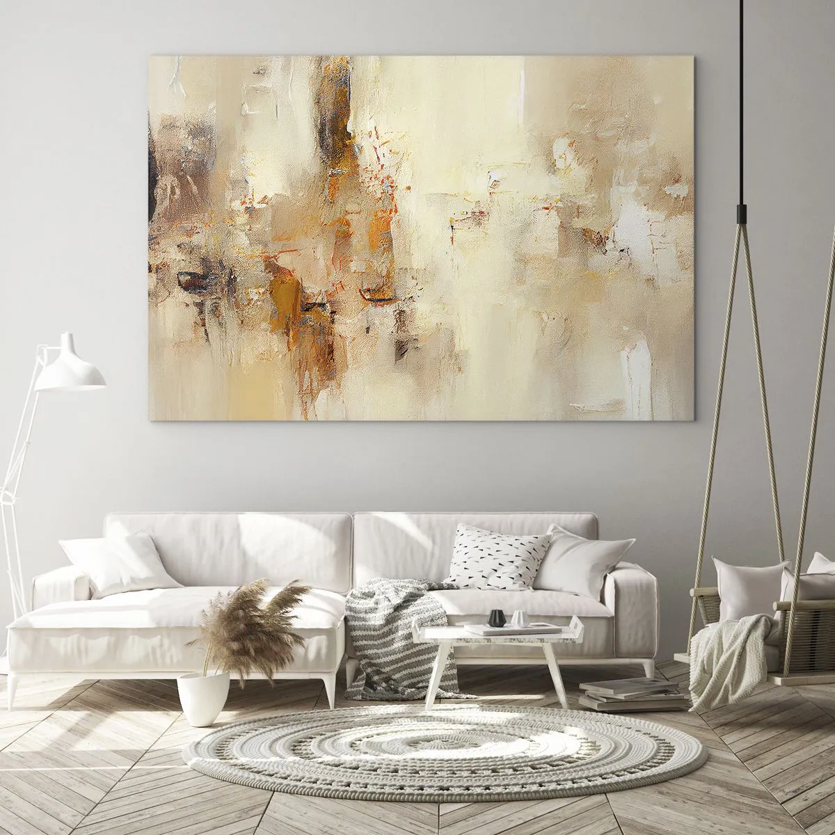Cuadro sobre vidrio - Impresiones sobre Vidrio - Abstracción en tonos ámbar, beige y marrón. - 100x70cm - El alma del ámbar - Decoración de pared moderna para salón y dormitorio ARTTOR