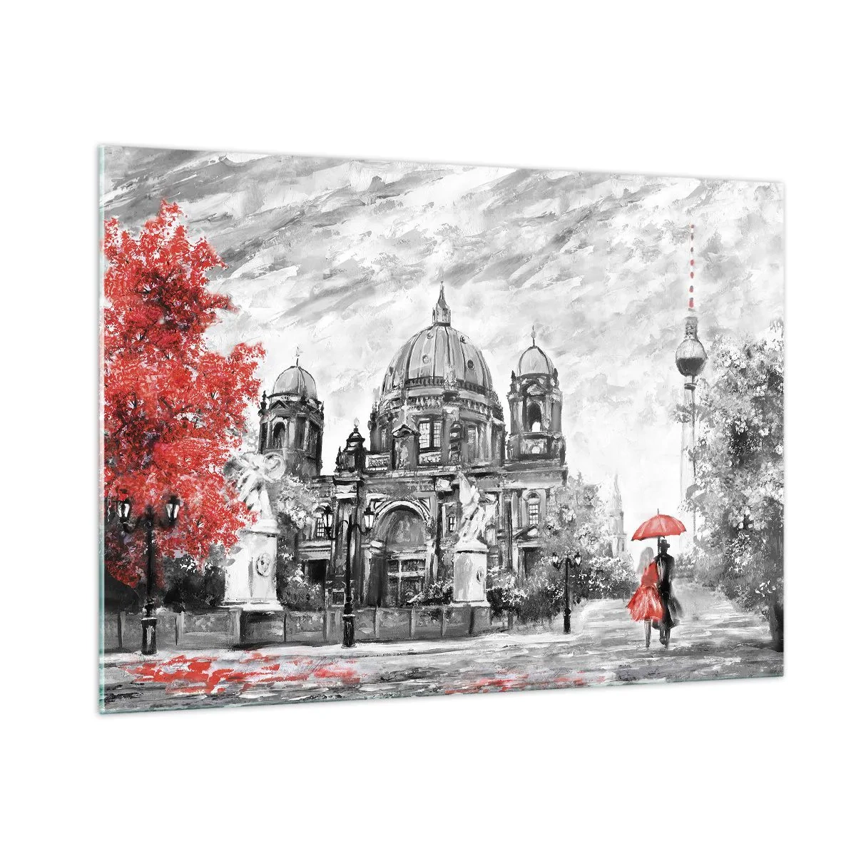 Cuadro sobre vidrio - Impresiones sobre Vidrio - Catedral de Berlín con acento rojo en tonos monocromáticos - 100x70cm - Reunión en Berlín - Decoración de pared moderna para salón y dormitorio ARTTOR