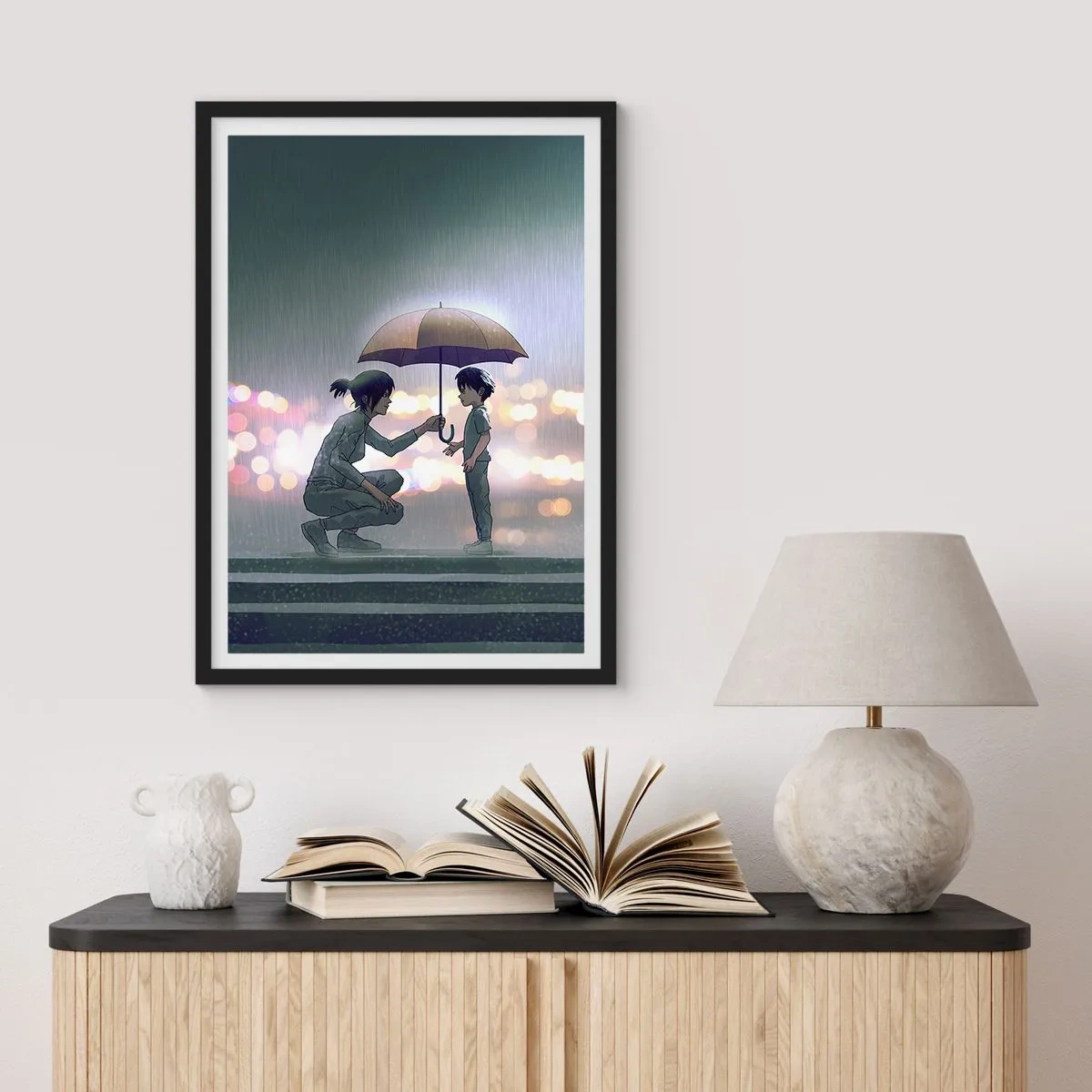Póster en marco negro - Un adulto le entrega un paraguas a un niño ante un fondo lluvioso. - 50x70cm - Y todo está bien - Decoración de pared moderna para salón y dormitorio ARTTOR