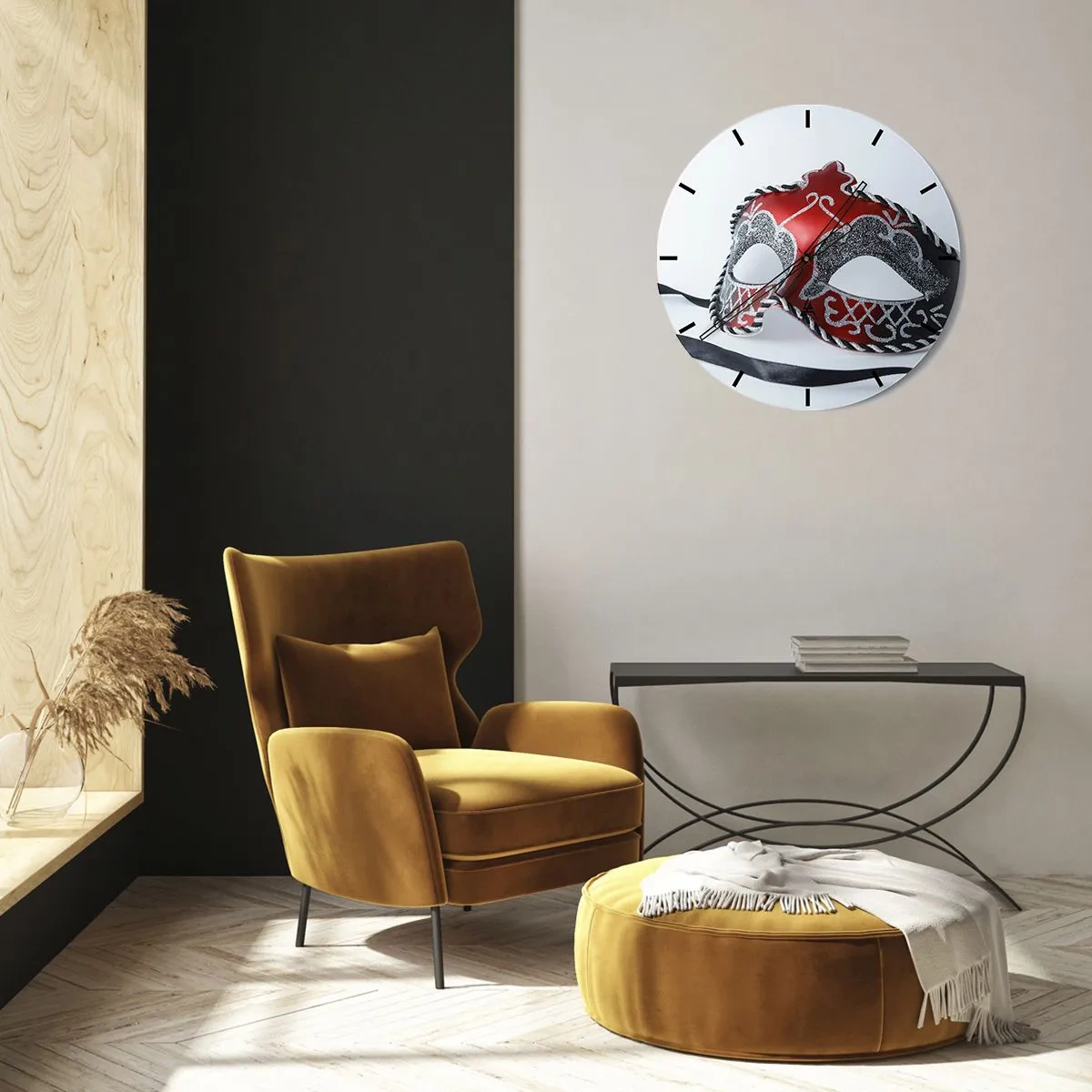 Reloj de pared - Reloj de vidrio - Máscara de carnaval en tonos rojos y negros. - 30x30cm - Invitación al baile - Decoración de pared moderna para salón, cocina y dormitorio ARTTOR