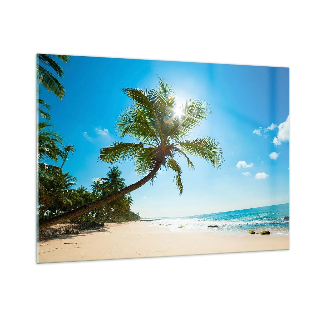 Cuadro sobre vidrio - Impresiones sobre Vidrio - Playa tropical con palmeras y cielo azul. - 100x70cm - Mi lugar privado - Decoración de pared moderna para salón y dormitorio ARTTOR