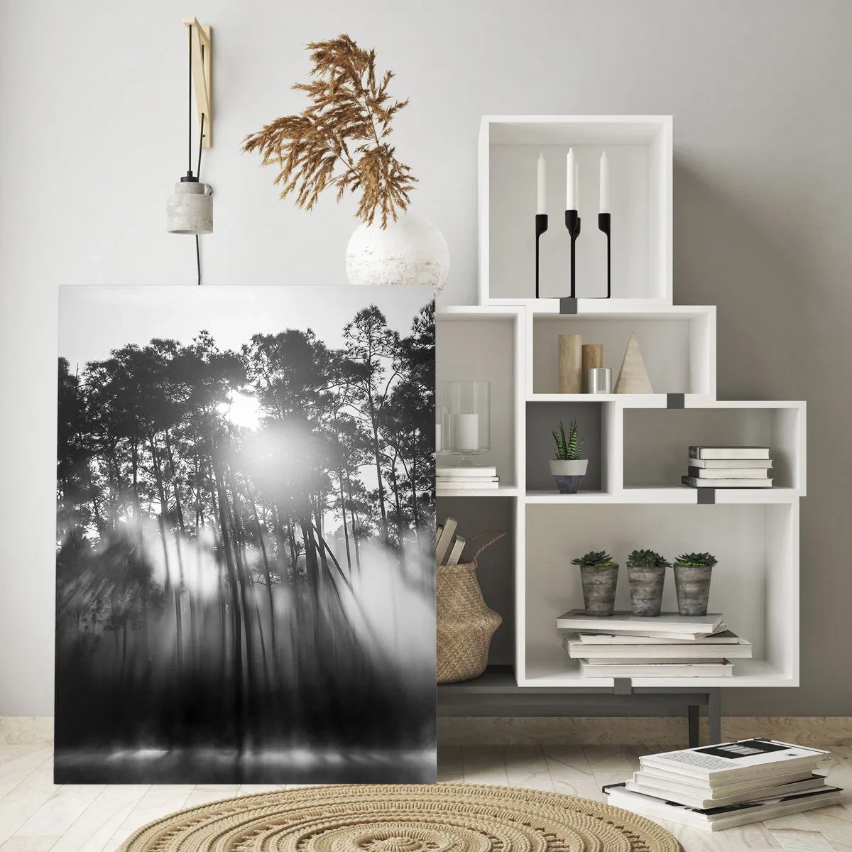 Cuadro sobre vidrio - Impresiones sobre Vidrio - Bosque blanco y negro en la niebla de la mañana. - 70x100cm - Sol imparable - Decoración de pared moderna para salón y dormitorio ARTTOR