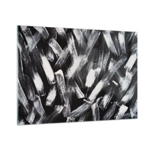Cuadro sobre vidrio - Impresiones sobre Vidrio - Abstracción en blanco y negro de pinceladas sobre un fondo oscuro. - 100x70cm - Abstracción en el espíritu industrial - Decoración de pared moderna para salón y dormitorio ARTTOR