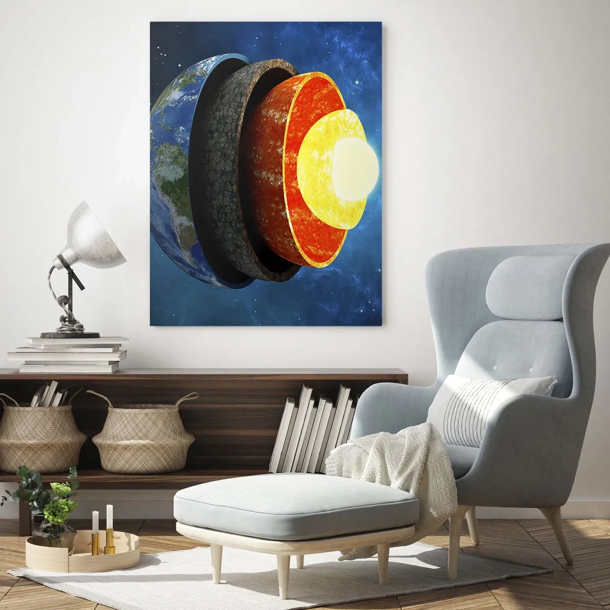 Cuadro sobre vidrio - Impresiones sobre Vidrio - Una sección transversal de la Tierra que muestra sus capas en el espacio. - 70x100cm - Una expedición a las entrañas de la Tierra - Decoración de pared moderna para salón y dormitorio ARTTOR