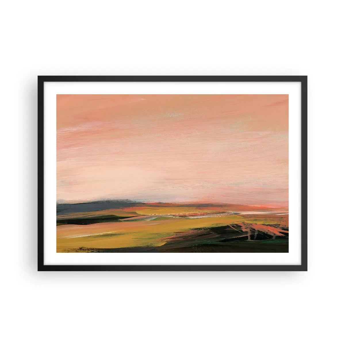Póster en marco negro - Un paisaje en tonos rosa y dorado. - 70x50cm - En tono rosa - Decoración de pared moderna para salón y dormitorio ARTTOR