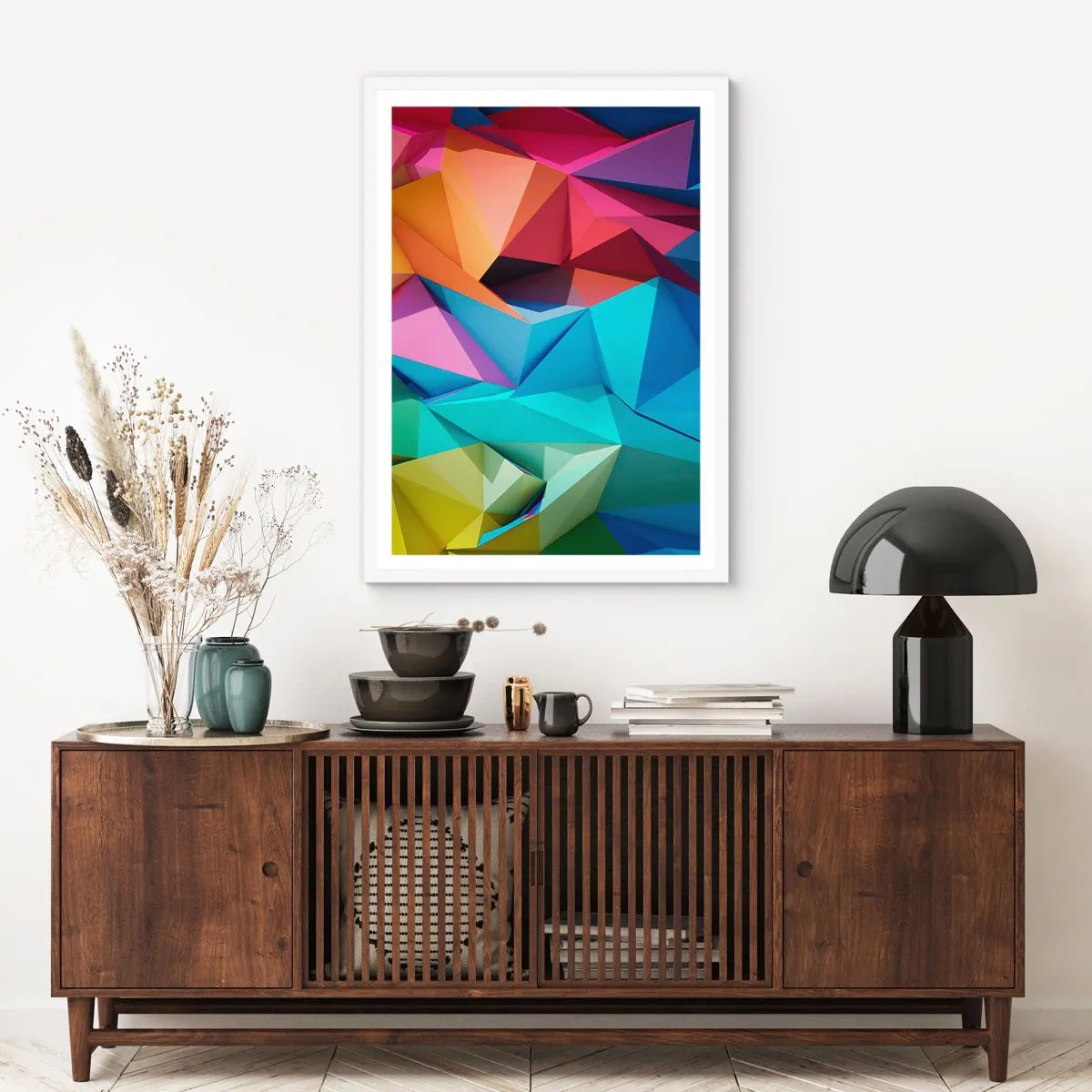 Póster en marco blanco - Origami arco iris - 70x100 cm