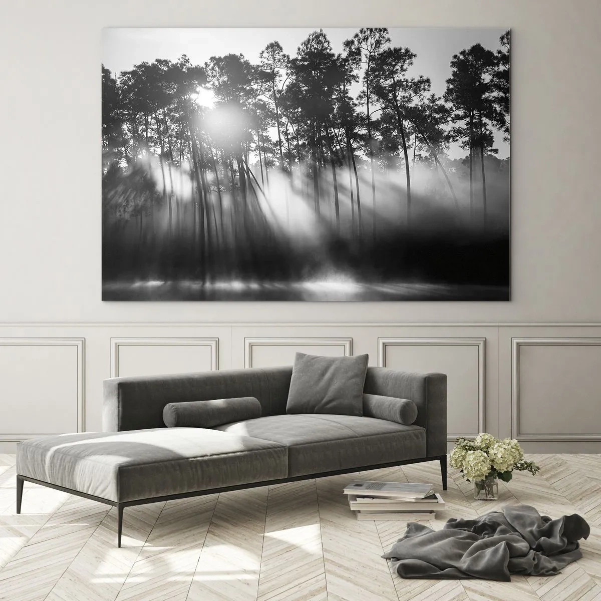 Cuadro sobre vidrio - Impresiones sobre Vidrio - Árboles en blanco y negro en un bosque con rayos de sol en la bruma. - 120x80cm - Sol imparable - Decoración de pared moderna para salón y dormitorio ARTTOR