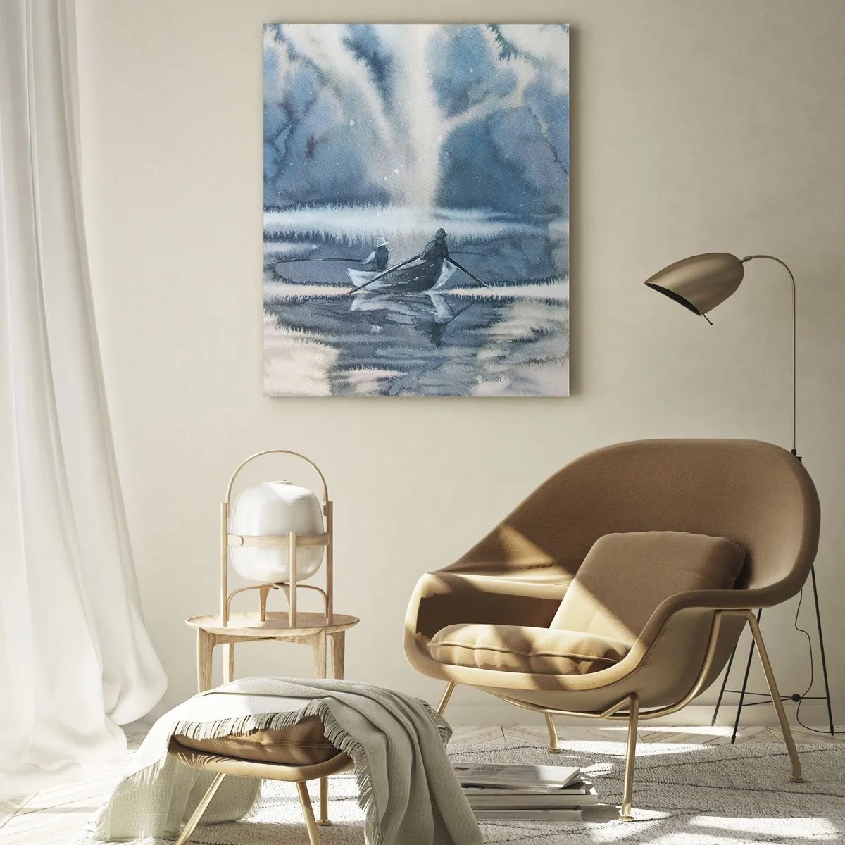 Cuadro sobre vidrio - Impresiones sobre Vidrio - Paisaje de acuarela con barcos en un lago rodeado de un bosque brumoso. - 70x100cm - Pescadores en su paraíso - Decoración de pared moderna para salón y dormitorio ARTTOR