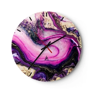 Reloj de pared - Reloj de vidrio - Un patrón abstracto en tonos morados y dorados con un motivo en espiral. - 30x30cm - Un momento abstracto - Decoración de pared moderna para salón, cocina y dormitorio ARTTOR