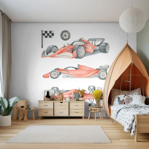 Fotomural Premium Sand - Un coche de carreras rojo en varias tomas sobre un fondo blanco. - 100x70cm - Para alcanzar un sueño - Decoración de pared moderna para salón y dormitorio ARTTOR