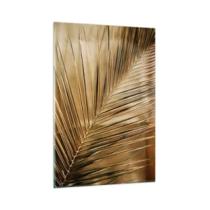 Cuadro sobre vidrio - Impresiones sobre Vidrio - Hoja de palma dorada sobre un fondo sólido - 80x120cm - Una columnata natural - Decoración de pared moderna para salón y dormitorio ARTTOR