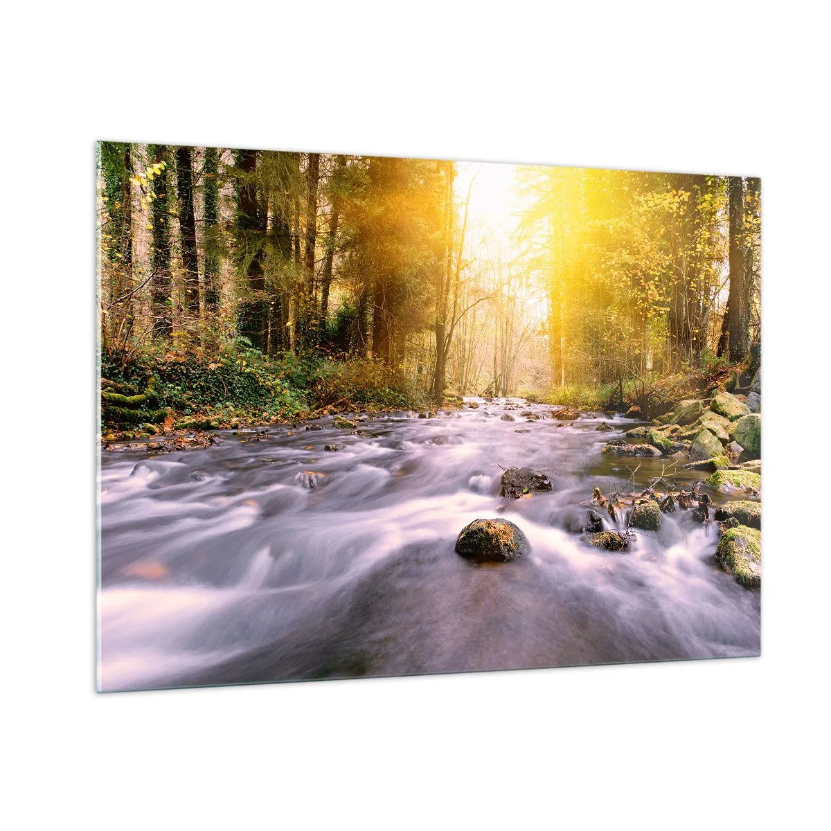 Cuadro sobre vidrio - Impresiones sobre Vidrio - Arroyo del bosque a la luz del sol - 100x70cm - Malaquita en un marco de plata y oro - Decoración de pared moderna para salón y dormitorio ARTTOR