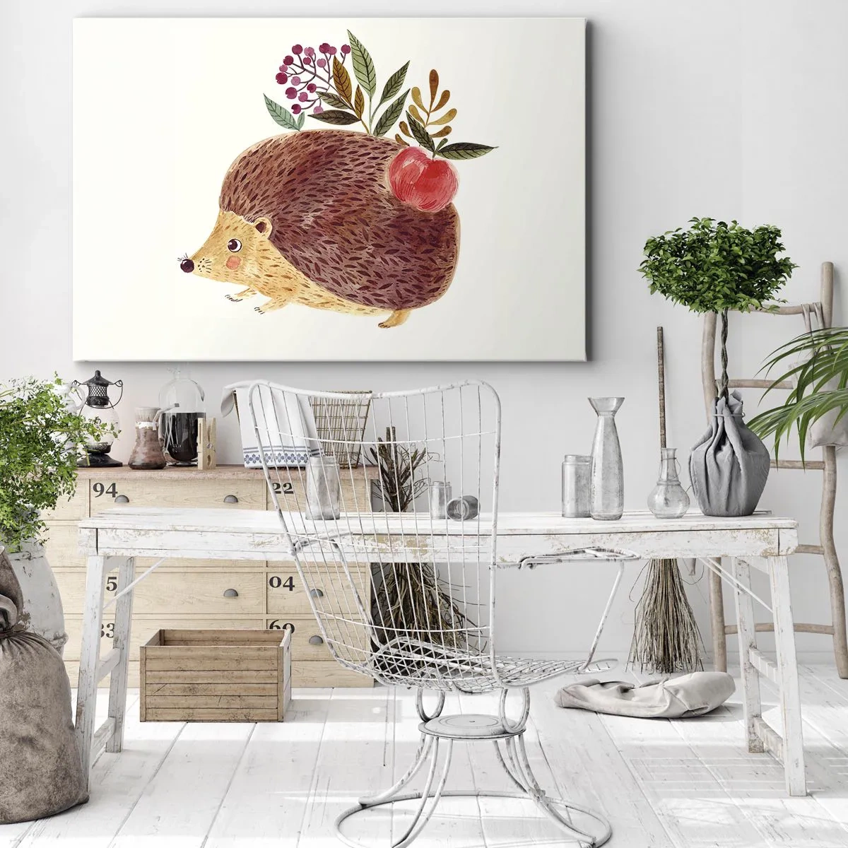 Cuadro sobre lienzo - Impresión de Imagen - Un lindo erizo con una manzana y plantas en un estilo ilustrativo. - 70x50cm - Y ya te gusto - Decoración de pared moderna para salón y dormitorio ARTTOR