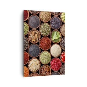 Cuadro sobre lienzo - Impresión de Imagen - Especias de colores en recipientes redondos - 70x100cm - Todos los sabores del mundo - Decoración de pared moderna para salón y dormitorio ARTTOR