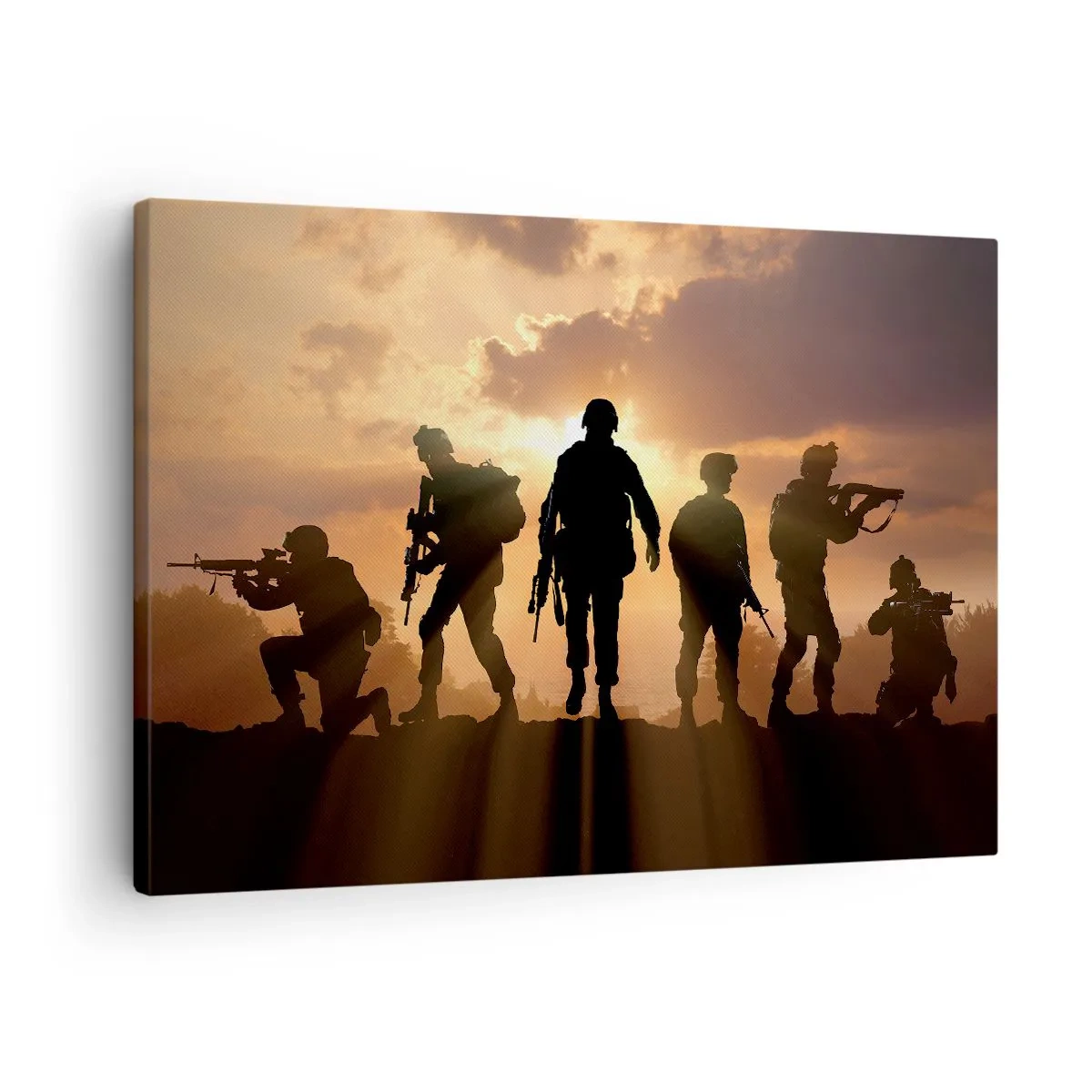 Cuadro sobre lienzo - Impresión de Imagen - Soldados con el sol poniente como telón de fondo en un entorno dinámico. - 70x50cm - Hermanos de armas - Decoración de pared moderna para salón y dormitorio ARTTOR