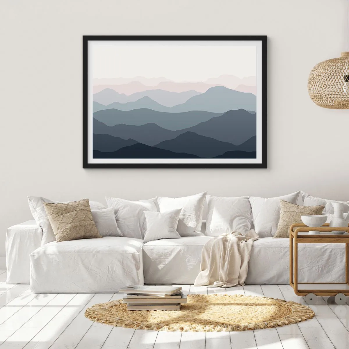 Póster en marco negro - Capas sutiles de montaña en tonos grises y azules. - 70x50cm - Cordilleras a la vista - Decoración de pared moderna para salón y dormitorio ARTTOR