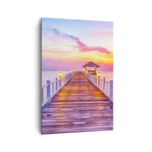 Cuadro sobre lienzo - Impresión de Imagen - Un muelle sobre el agua al atardecer en colores pastel. - 70x100cm - El silencio lila-dorado de la tarde - Decoración de pared moderna para salón y dormitorio ARTTOR