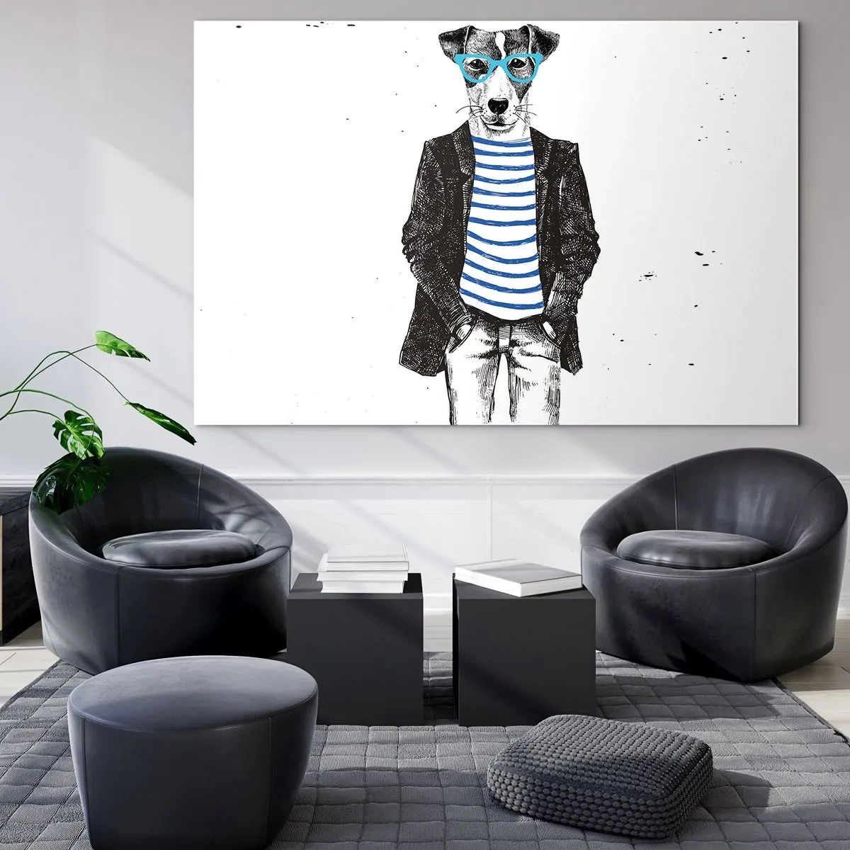 Cuadro sobre vidrio - Impresiones sobre Vidrio - Ilustración de un perro con camisa de marinero y gafas sobre un fondo blanco. - 100x70cm - El encanto del perro - Decoración de pared moderna para salón y dormitorio ARTTOR