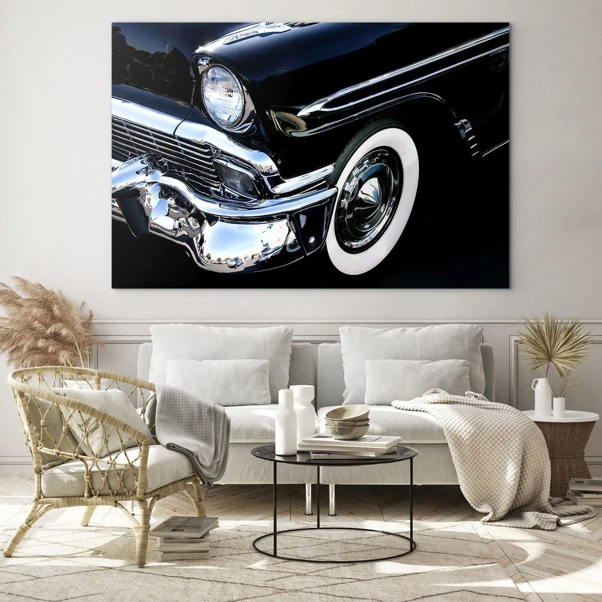 Cuadro sobre vidrio - Impresiones sobre Vidrio - Primer plano de un coche negro antiguo con detalles cromados. - 120x80cm - Clásicos en plata, negro y blanco - Decoración de pared moderna para salón y dormitorio ARTTOR