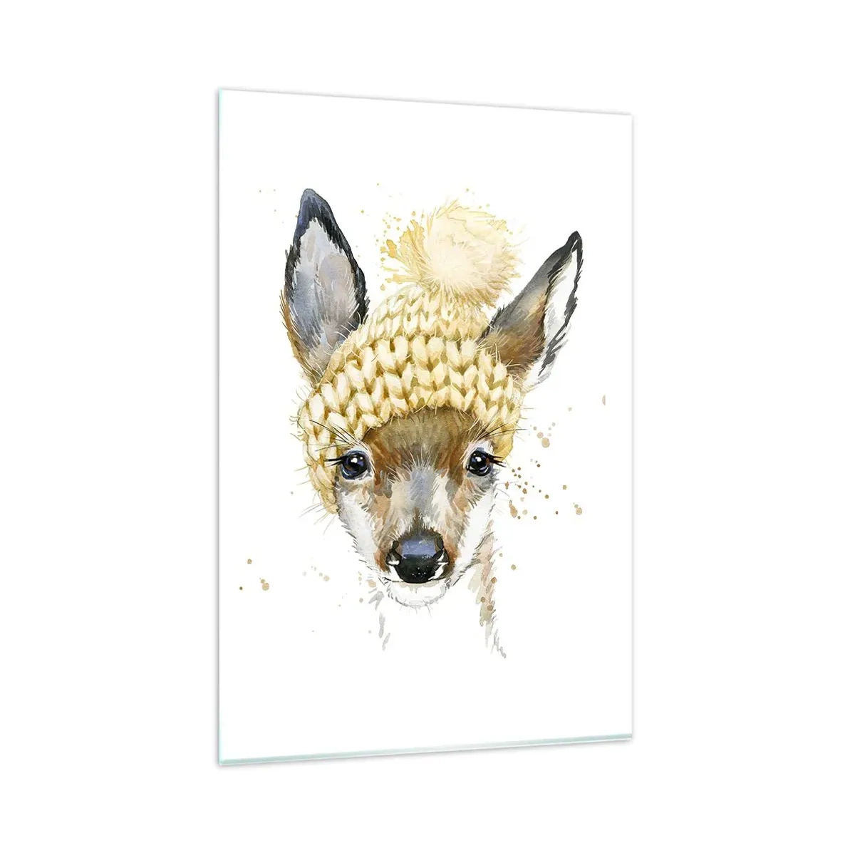 Cuadro sobre vidrio - Impresiones sobre Vidrio - Ciervo de acuarela con gorra amarilla - 80x120cm - Para el invierno en un bosque nevado - Decoración de pared moderna para salón y dormitorio ARTTOR