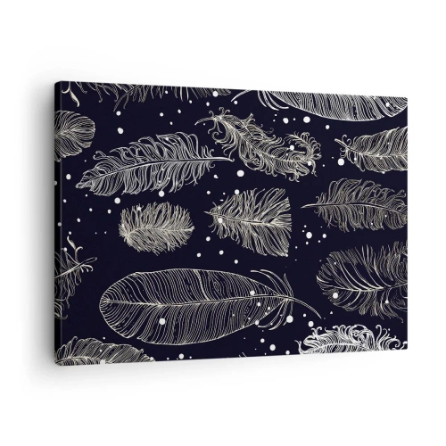 Cuadro sobre lienzo - Impresión de Imagen - Delicadas plumas blancas sobre un fondo azul marino. - 70x50cm - Encaje de plumas - Decoración de pared moderna para salón y dormitorio ARTTOR
