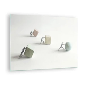 Cuadro sobre vidrio - Impresiones sobre Vidrio - Las figuras en miniatura ruedan y empujan formas geométricas. - 70x50cm - El avance de la geometría - Decoración de pared moderna para salón y dormitorio ARTTOR