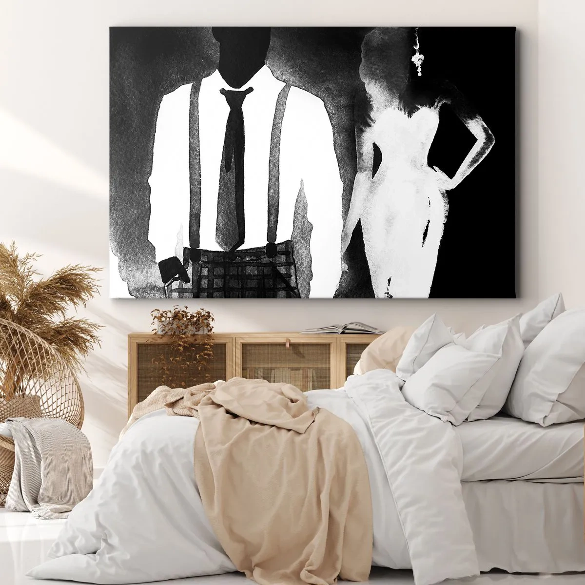 Cuadro sobre lienzo - Impresión de Imagen - Personajes de estilo noir, elegancia en blanco y negro y misterio. - 100x70cm - En un ambiente noir - Decoración de pared moderna para salón y dormitorio ARTTOR