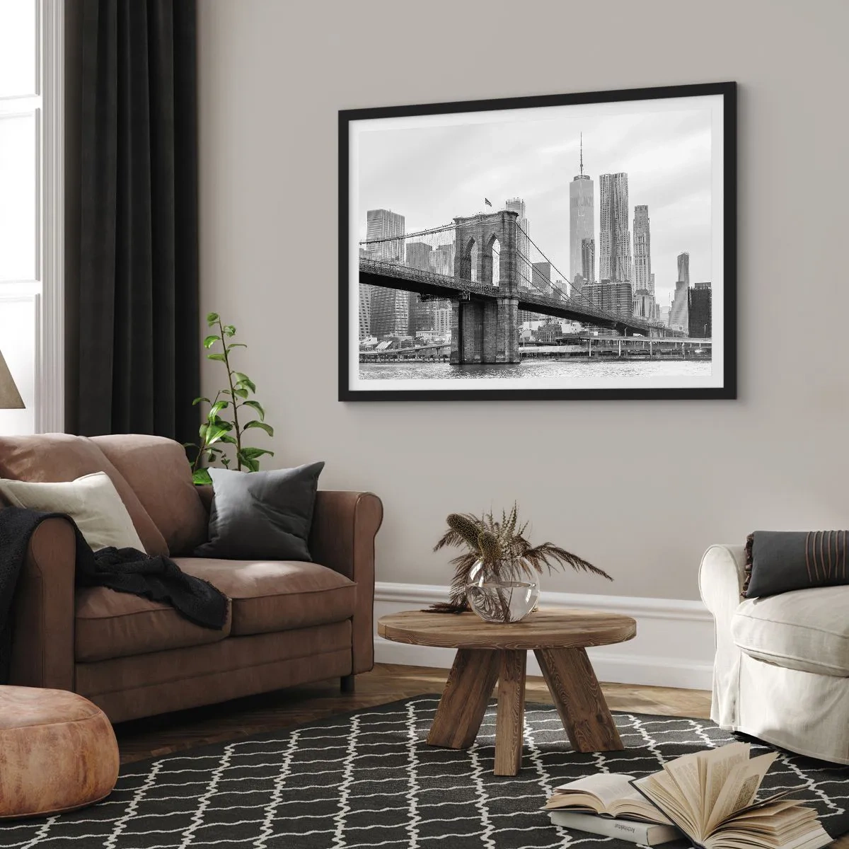 Póster en marco negro - Puente de Brooklyn con rascacielos de Nueva York al fondo - 70x50cm - Vibraciones de Nueva York - Decoración de pared moderna para salón y dormitorio ARTTOR