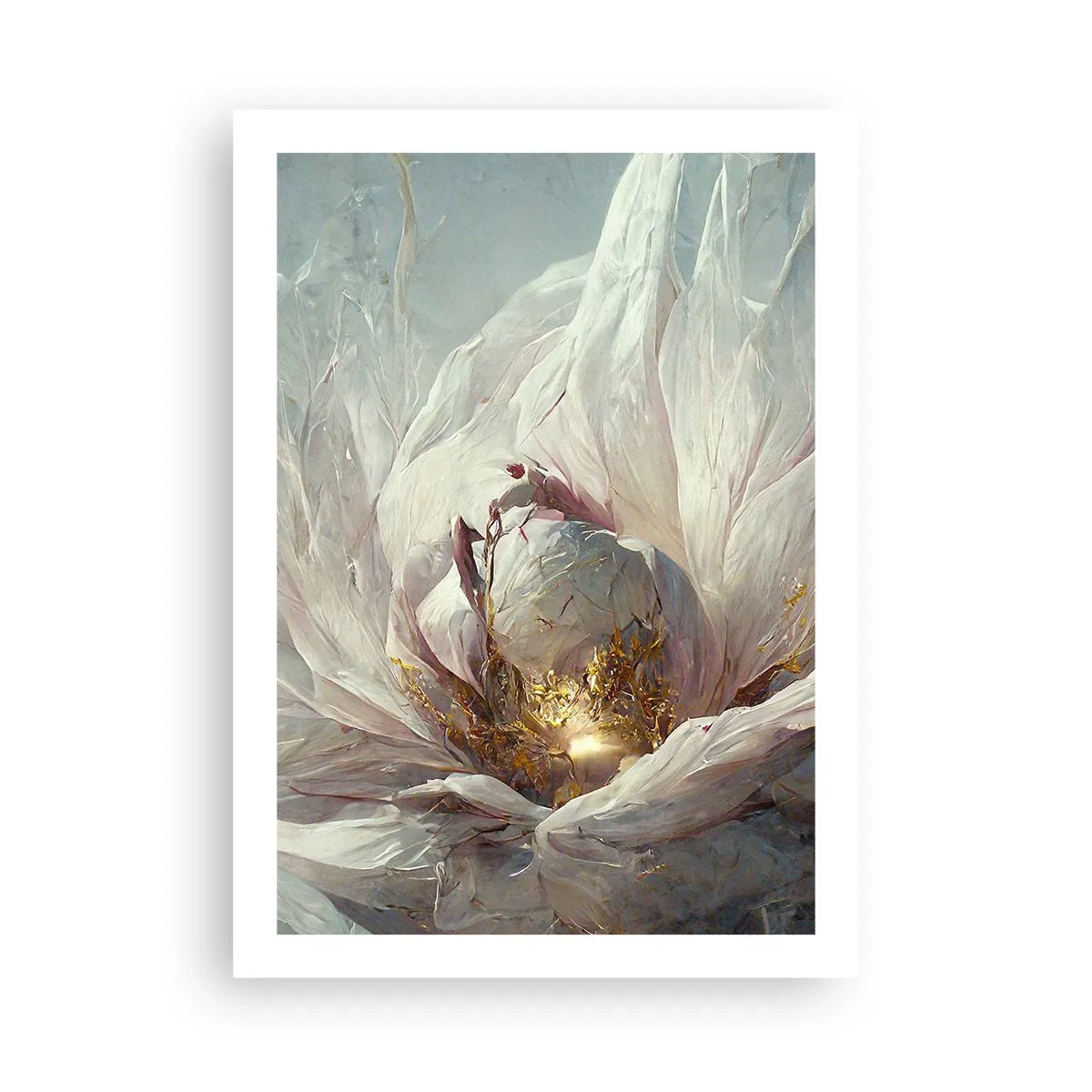 Póster - Una abstracción sutil con motivo floral en delicados tonos blanco y dorado. - 50x70cm - Florece una vez cada cien años - Decoración de pared moderna para salón y dormitorio ARTTOR