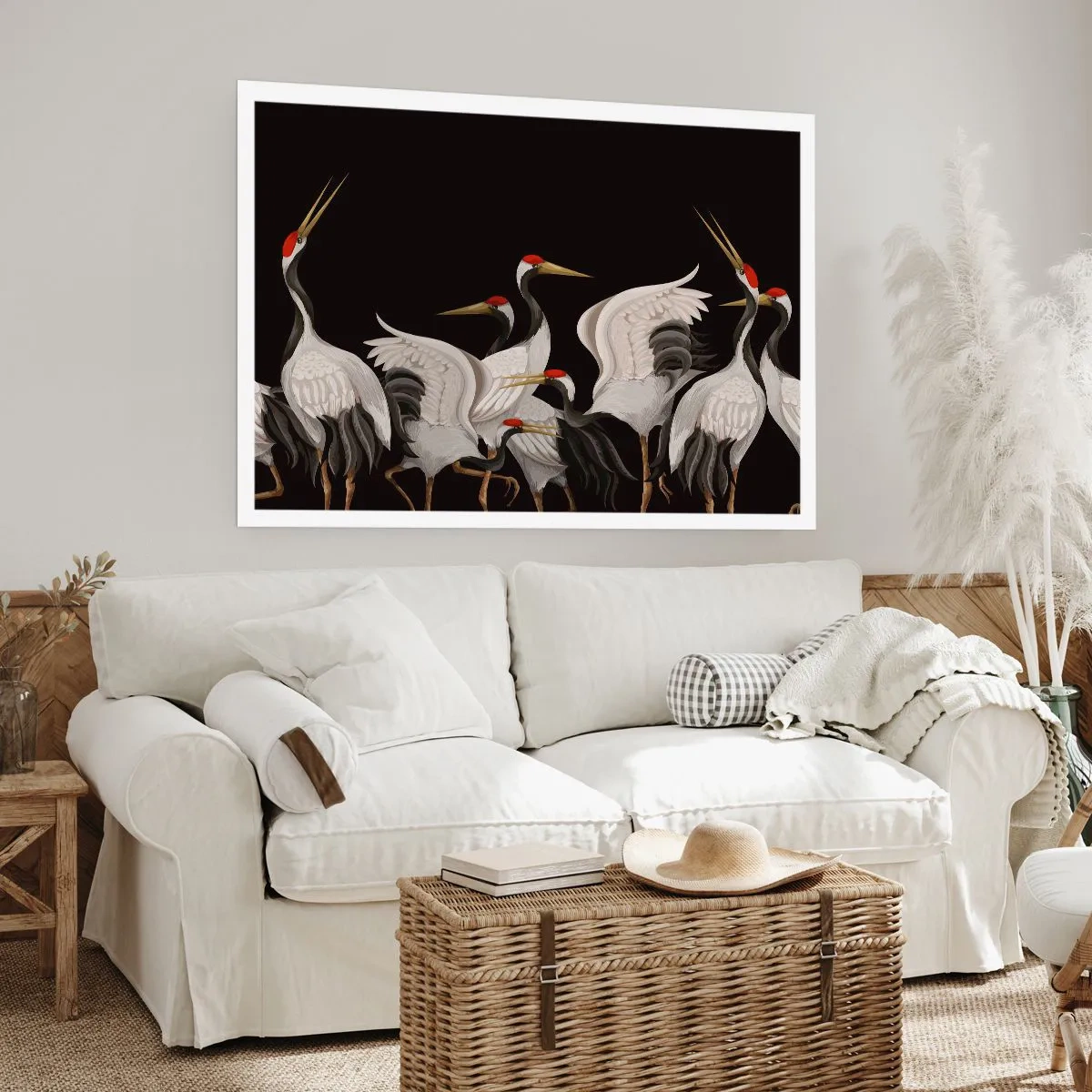 Póster - Grúas blancas con acentos rojos sobre fondo negro - 100x70cm - Asuntos de aves - Decoración de pared moderna para salón y dormitorio ARTTOR