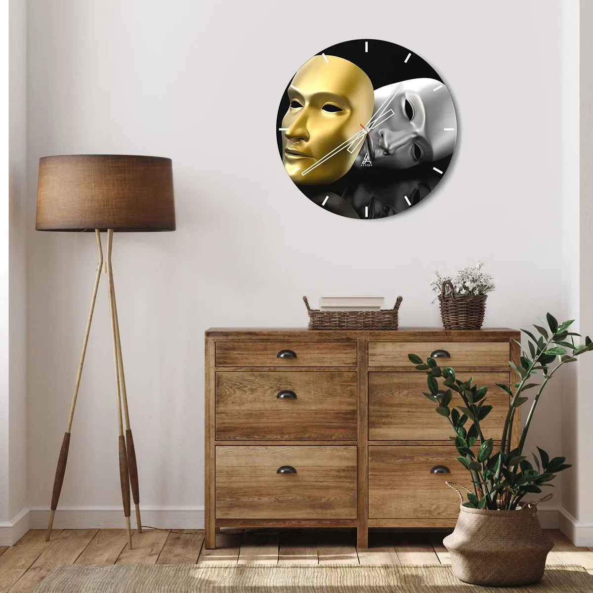 Reloj de pared - Reloj de vidrio - Máscara de teatro dorada y plateada sobre fondo negro. - 30x30cm - La vida es un teatro - Decoración de pared moderna para salón, cocina y dormitorio ARTTOR