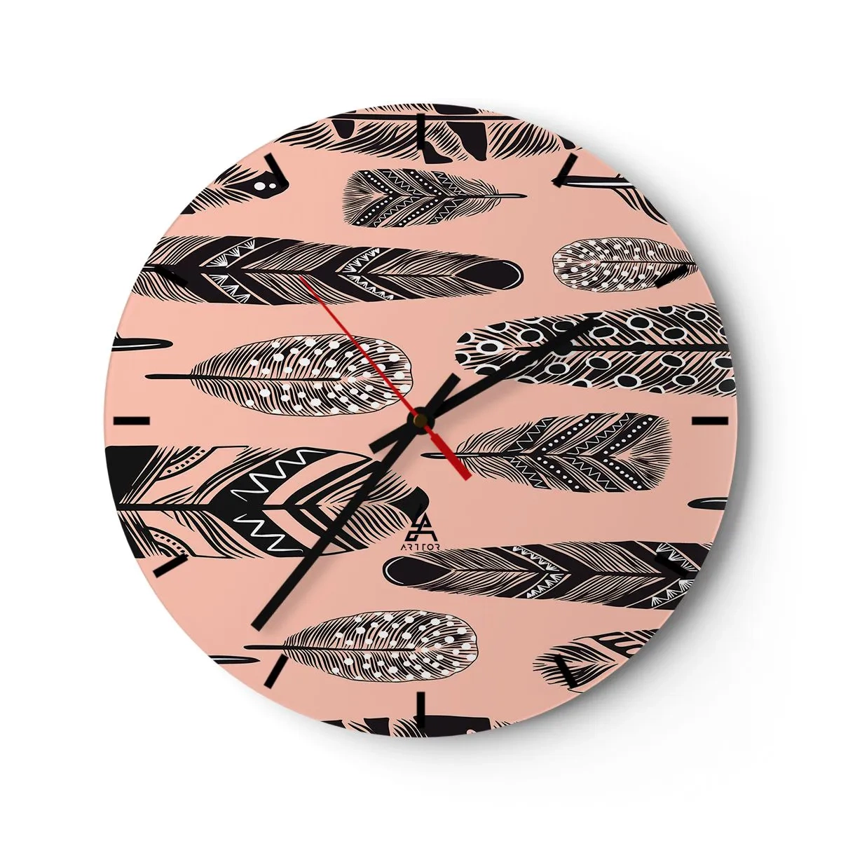 Reloj de pared - Reloj de vidrio - Motivo decorativo de plumas negras sobre fondo rosa. - 30x30cm - Una colección india - Decoración de pared moderna para salón, cocina y dormitorio ARTTOR